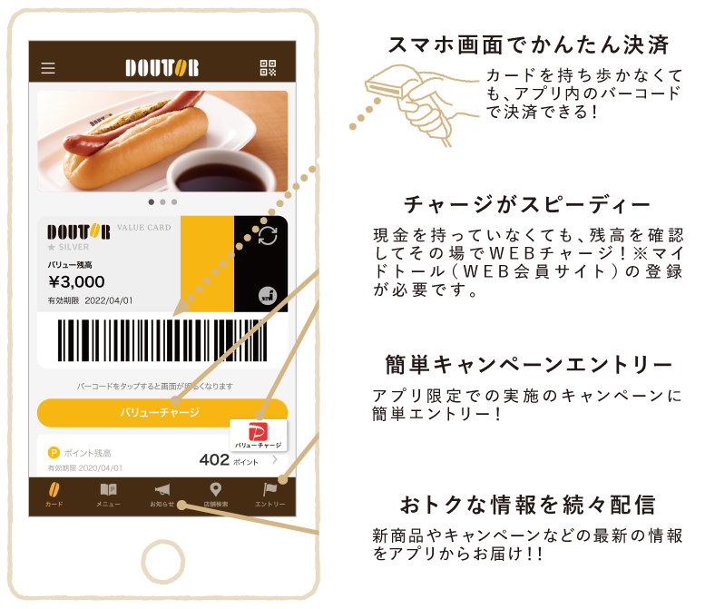 スマホ画面でかんたん決済 カードを持ち歩かなくても、アプリ内のバーコードで決済できる！ご当地カードコレクション 店舗検索もラクラク チャージがスピーディー おトクな情報を続々配信