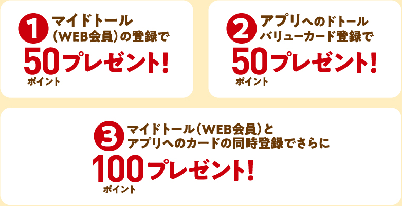 1 マイドトール（WEB会員）の登録で50プレゼント！ 2 アプリへのドトール バリューカード登録で50プレゼント！ 3 マイドトール（WEB会員）とアプリへのカードの同時登録でさらに100プレゼント！