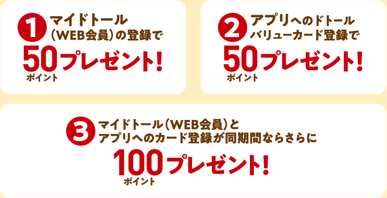 1 マイドトール（WEB会員）の登録で50プレゼント！ 2 アプリへのドトール バリューカード登録で50プレゼント！ 3 マイドトール（WEB会員）とアプリへのカード登録が同期間ならさらに100プレゼント！