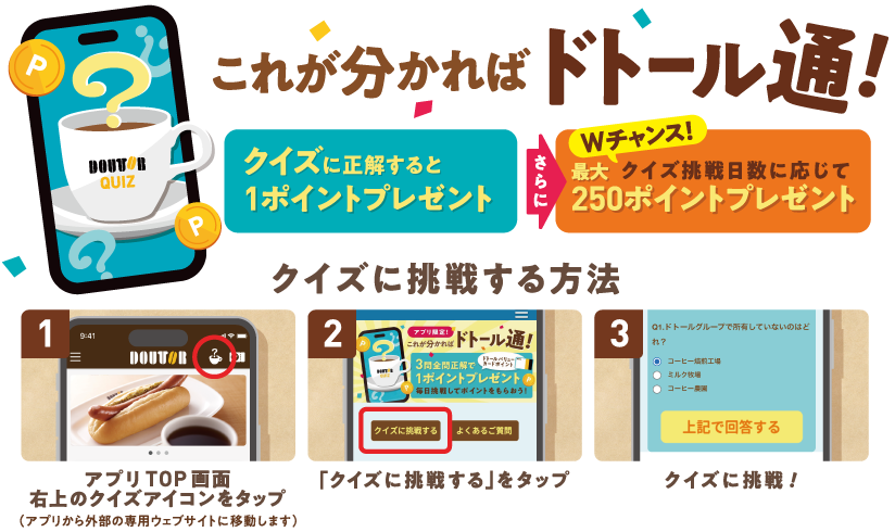 これが分かればドトール通! クイズに正解すると1ポイントプレゼント さらに Wチャンス！クイズ挑戦日数に応じて 最大250ポイントプレゼント クイズに挑戦する方法 1 アプリTOP画面右上のクイズアイコンをタップ（アプリから外部の専用ウェブサイトに移動します） 2 「クイズに挑戦する」をタップ 3 クイズに挑戦！